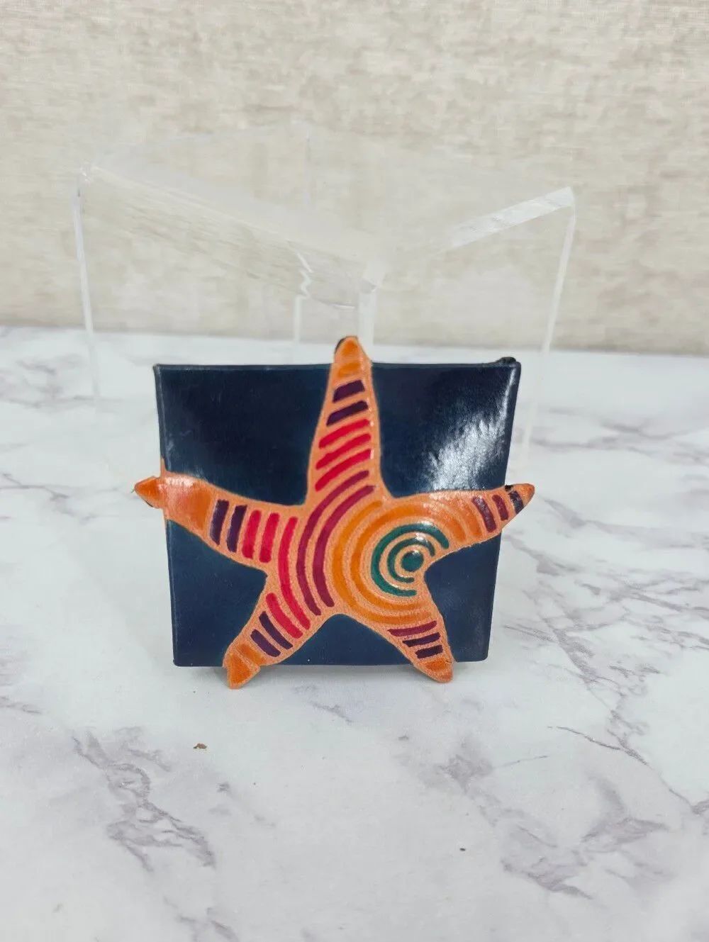 Leather Starfish Coin Pouch Folding Box Orange and Navy